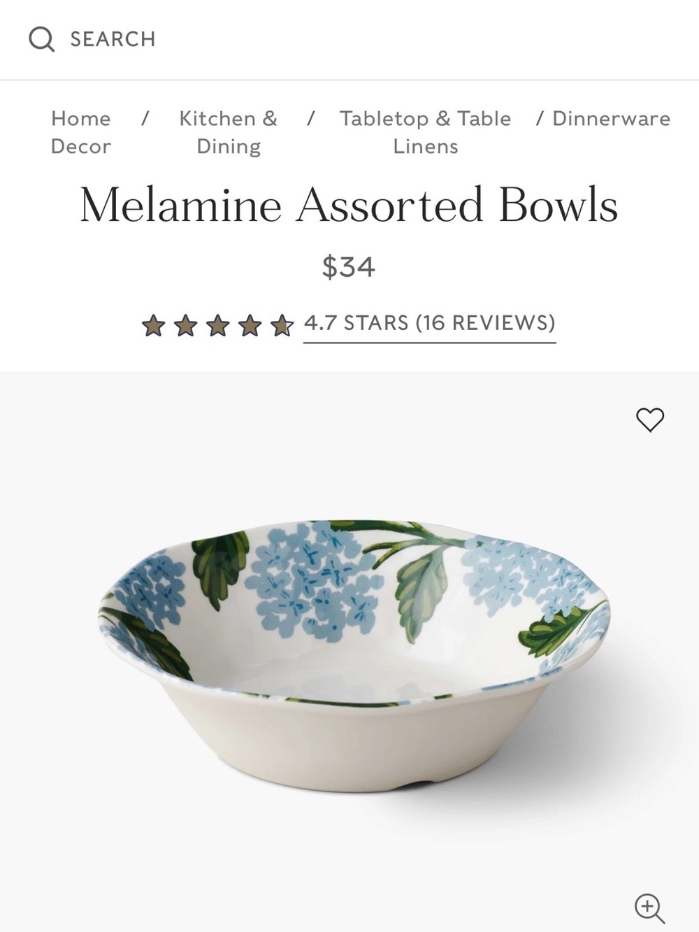 Rifle Paper Co. Hydrangea Melamine Assorted Bowl - Blue Floral set of 4